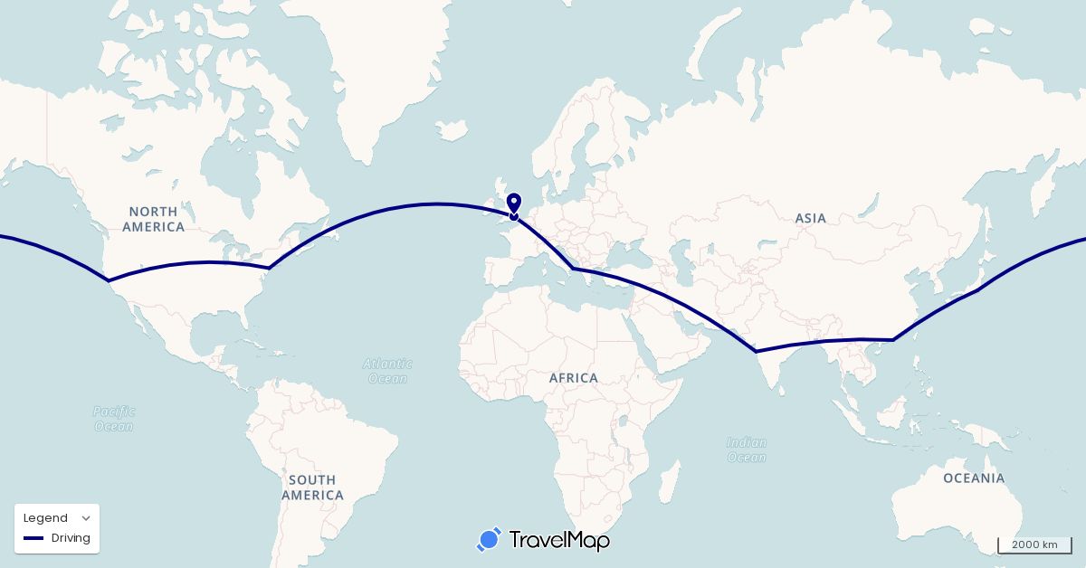 TravelMap itinerary: driving in China, United Kingdom, India, Italy, Japan, United States (Asia, Europe, North America)